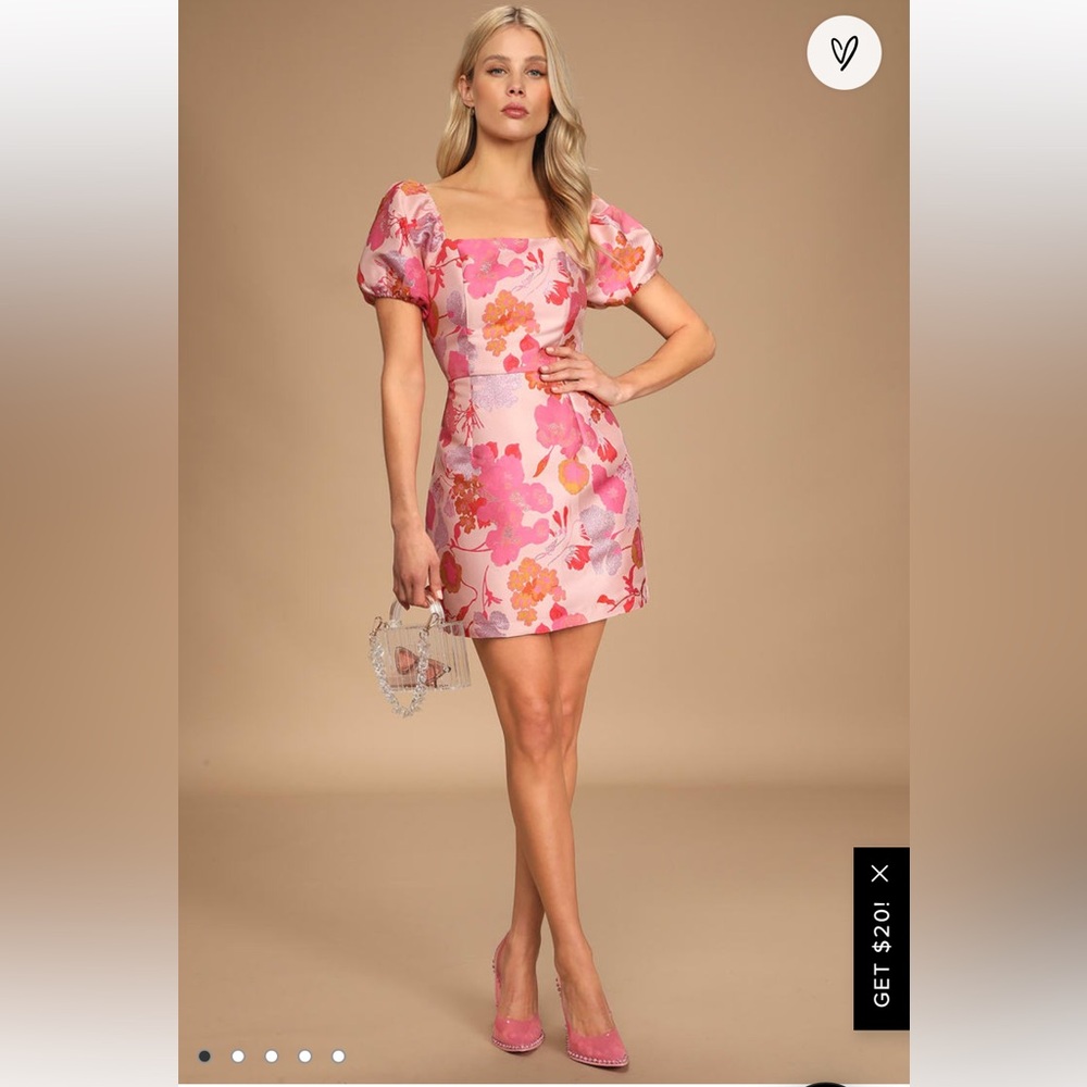 NWT Lulus So Stunning Multi Floral Jacquard
Puff Sleeve Mini Dress, Size XL